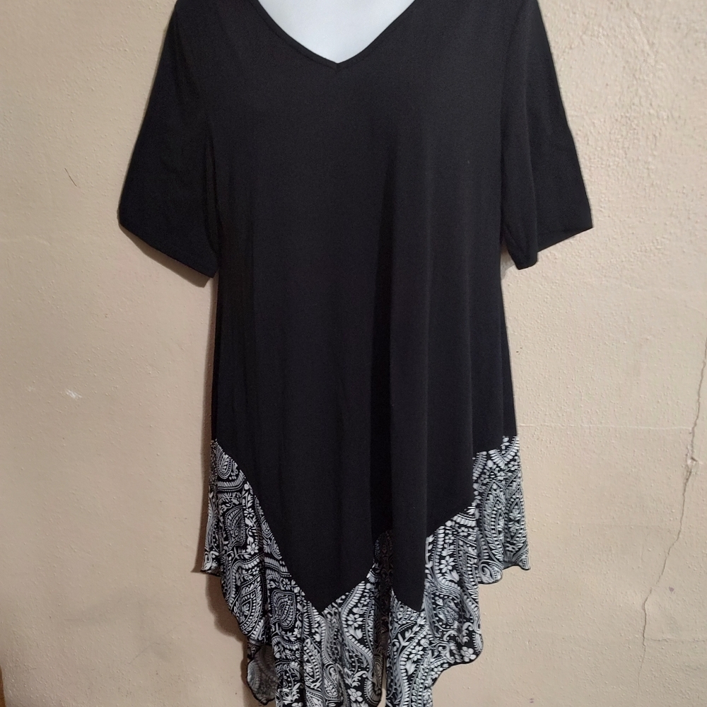 Black White Handkerchief Asymmetrical Floral Paisley Print Western Dress Large